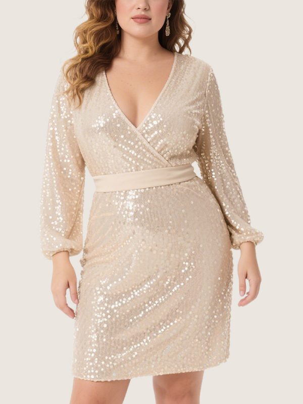 gorgeous-sequined-deep-v-tie-dress-plus-size-long-sleeved-dress