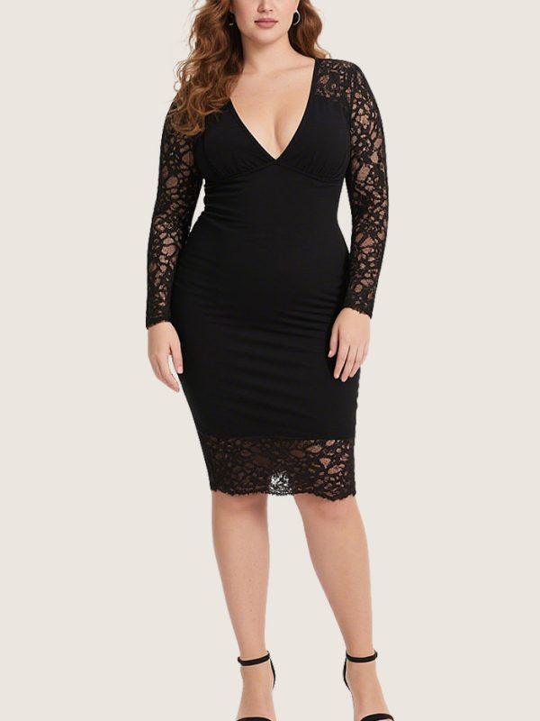 sexy-lace-panel-deep-v-plus-size-long-sleeved-bodycon-dress