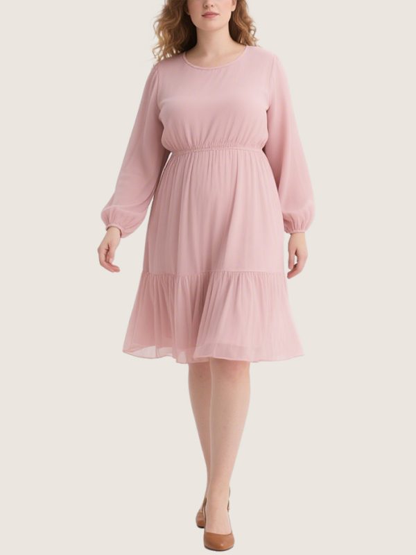 sweet-round-neck-waisted-plus-size-long-sleeved-chiffon-dress