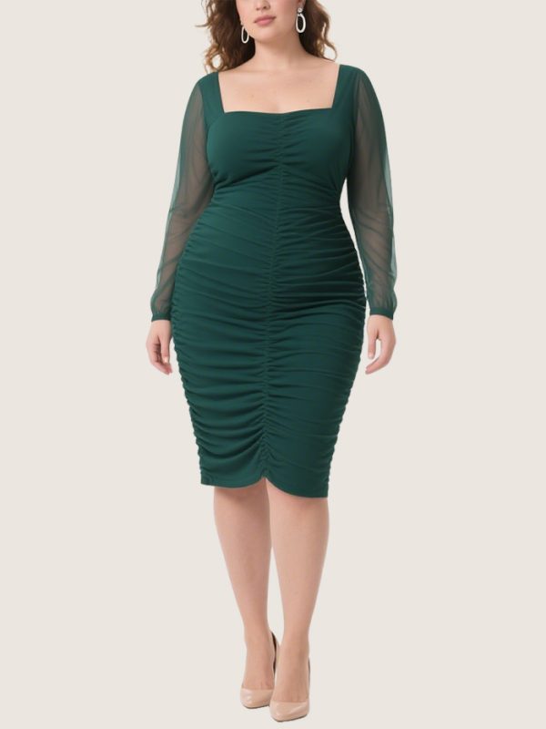 elegant-square-neck-mesh-sleeve-plus-size-long-sleeved-bodycon-dress